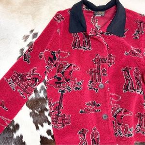 Vintage Red Ranch Cowboy Print Teddy Jacket